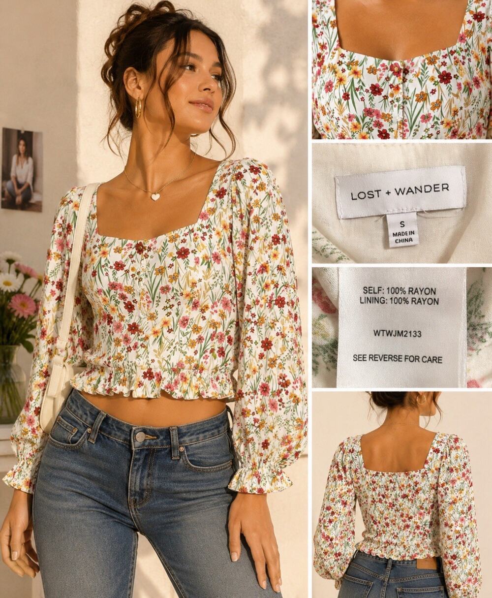 Cottagecore Lost + Wander Women's Floral Peplum Blouse Size S Long Sleeve